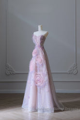 Pretty Ball Gown Sweetheart Pink Floral Tulle Long Semi Formal Prom Dresses Evening Gowns